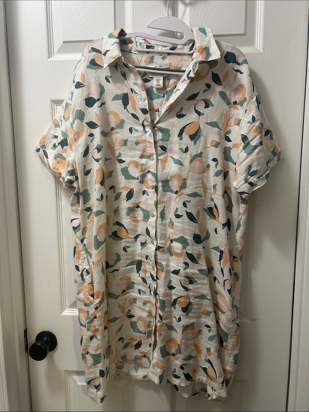 Rachel Zoe 100% linen Short-Sleeve Button-Down with Peach & Sage Floral Print